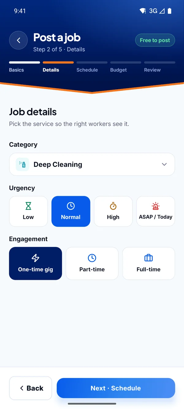 WorkMart app: choosing the service, urgency and type of job